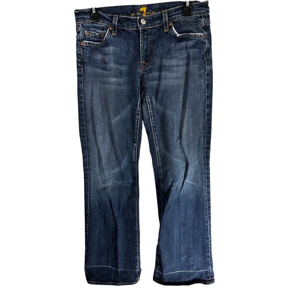 7 For All Mankind Flare Jeans Womens Size 29 Dark Blue Denim Y2K DISTRESSED HEM - Picture 1 of 9